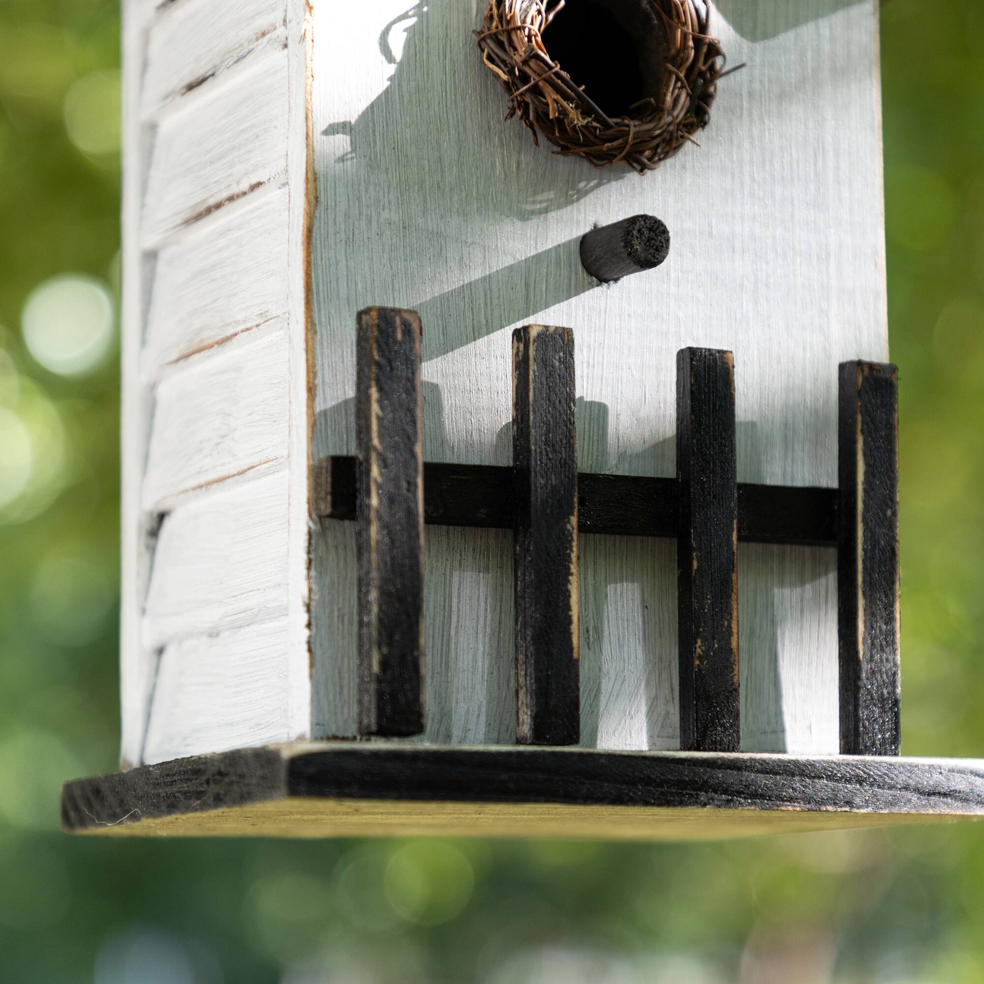 Glitzhome® 11" Washed White Solid Wood Fence Outdoor Garden Birdhouse